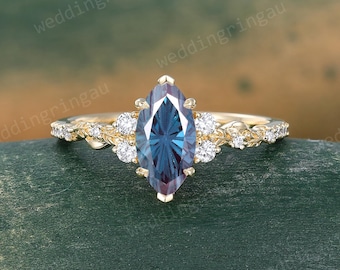 Firework cut Alexandrite Engagement Ring Vintage Yellow Gold Leaf Ring Nature Inspired Ring Unique Promise Anniversary wedding gift for her