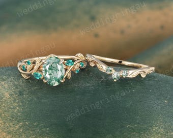 Oval cut Moss Agate Engagement Ring Set Vintage Twig engagement ring Leaf Marquise cut Emerald ring set Agate wedding ring Promise ring set