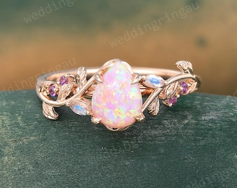 Pear shaped Pink Opal ring Unique Rose gold Leaf engagement ring Marquise cut Moonstone ring Amethyst ring Nature inspired Twig ring Gift