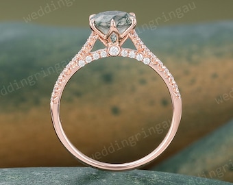 Solitaire Moss Agate Tulip Floral Engagement Ring 14K Rose Gold Round Moissanite Pave Bridal Wedding Unique Anniversary Promise Ring