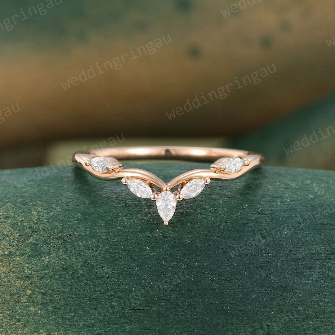 Marquise Cut Moissanite Wedding Band Women Unique Vintage Rose Gold ...