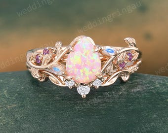 Pear shaped Pink Opal Engagement ring set Vintage Rose Gold Leaf wedding ring set Moissanite ring Nature inspired Promise ring set