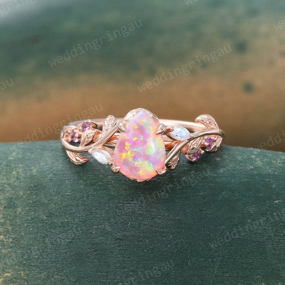 Pear Shaped Pink Opal Ring Unique Rose Gold Leaf Engagement Ring ...
