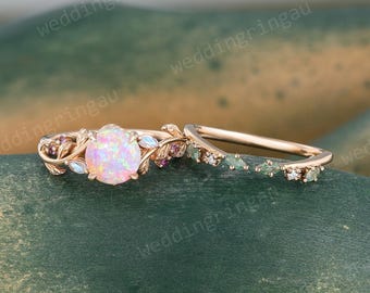 Round cut Pink Opal Engagement ring set Vintage rose gold Moonstone& Amethyst Bridal ring set curved wedding Promise anniversary gift