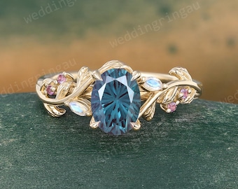 Unique Oval Firework cut Alexandrite engagement ring Yellow Gold Leaf Moonstone ring Amethyst ring Nature inspired Twig ring Gift