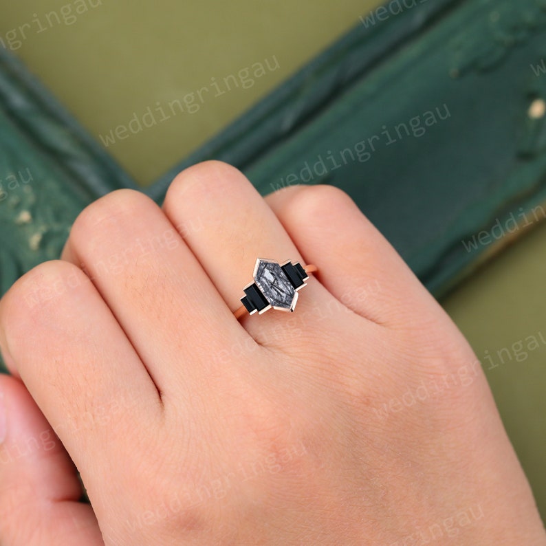 Hexagon cut Black rutilated quartz ring Unique gemstone engagement ring Vintage Rose gold ring Baguette cut Black onyx ring promise ring image 2