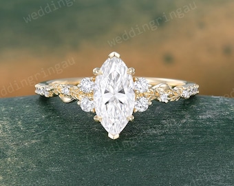 Marquise cut Moissanite Engagement Ring Vintage Yellow Gold Leaf Ring Nature Inspired Ring Unique Promise Anniversary wedding gift for her