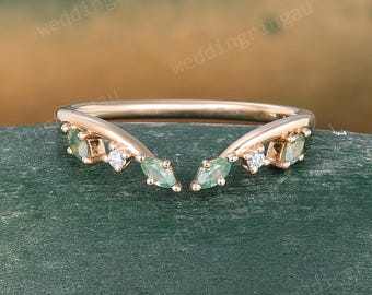 Marquise cut Moss agate Wedding Band Unique Rose gold Moissanite Curved Wedding Band Vintage Art deco Bridal Open Stacking ring Promise ring