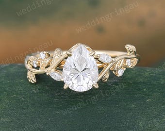 Pear shaped Moissanite engagement ring unique yellow gold Leaf branch wedding ring Nature inspired ring Promise anniversary bridal gift