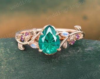 Unique Pear shaped Firework cut Emerald engagement ring Rose Gold Leaf Moonstone ring Amethyst ring Nature inspired Twig ring Gift