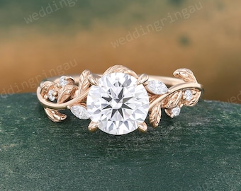 Round cut Moissanite engagement ring Unique Rose gold Leaf wedding ring Marquise cut Moissanite ring Art deco Promise anniversary gift