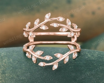 Moissanite leaf wedding band enhancer wraps solid 14k rose gold cluster double open gap diamond ring women art deco anniversary gift