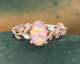 Oval cut Pink Opal ring Unique Rose gold Leaf engagement ring Marquise cut Moonstone ring Amethyst ring Nature inspired Twig ring Gift