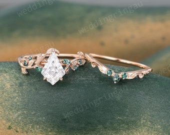 Kite cut Moissanite Engagement Ring Set Unique Rose gold Moss Agate Leaf Bridal set Nature inspired wedding Promise Anniversary ring for her