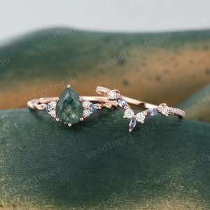Pear shaped moss agate engagement ring set Vintage Rose gold Bridal ring set Marquise cut alexandrite Curved wedding ring promise ring set image 2
