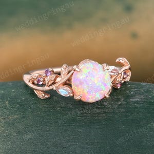 Round cut Pink Opal ring Vintage Rose gold Leaf engagement ring Marquise cut Moonstone ring Amethyst ring Nature inspired Twig ring Gift