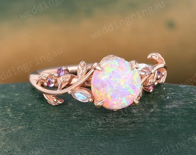Featured listing image: Round cut Pink Opal ring Vintage Rose gold Leaf engagement ring Marquise cut Moonstone ring Amethyst ring Nature inspired Twig ring Gift