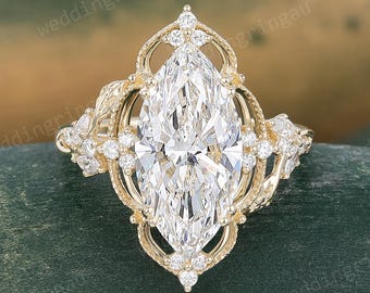 4CT Marquise Cut Lab Grown Diamond Engagement Ring Milgrain ring Unique Yellow Gold Leaf wedding ring Nature Inspired Ring Anniversary Gift