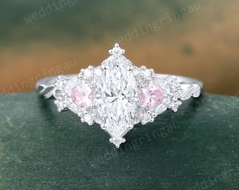 1CT IGI certified Marquise cut Lab Grown Diamond Engagement Ring Unique White Gold Pink Sapphire wedding Ring Anniversary Promise Gift