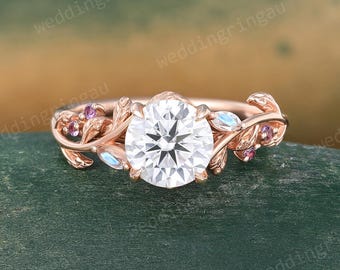 Round cut moissanite engagement ring Vintage Rose gold Leaf Marquise cut Moonstone ring Amethyst ring Nature inspired Twig ring Gift