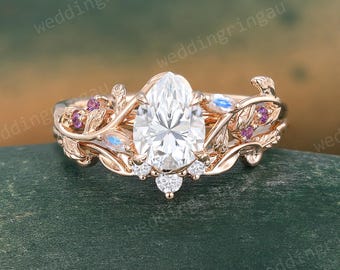 Pear shaped Moissanite Engagement Ring Set Vintage Rose gold leaf wedding ring set Nature inspired Promise Anniversary gift for her