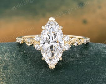 2CT Marquise Cut Lab Grown Diamond Engagement Ring Unique Yellow Gold Leaf Hidden Halo Ring Nature Inspired Ring Anniversary Gift