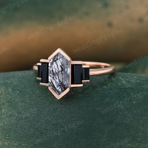 Hexagon cut Black rutilated quartz ring Unique gemstone engagement ring Vintage Rose gold ring Baguette cut Black onyx ring promise ring image 3