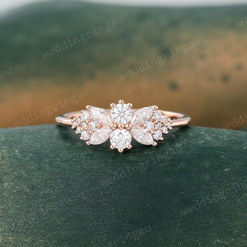 Unique Cluster Moissanite engagement ring Rose gold marquise cut moissanite ring Art deco ring Snowdrift ring for women Promise ring gift image 1