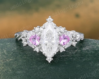 Marquise cut Moissanite engagement ring Unique White gold ring Heart cut pink sapphire ring Cluster ring Leaf ring Bridal Promise ring