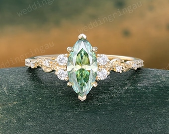 Marquise cut Green Moissanite Engagement Ring Vintage Yellow Gold Leaf Ring Nature Inspired Ring Promise Anniversary wedding gift for her