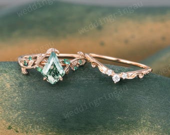 Unique Kite cut Moss agate engagement ring set Vintage Twig Rose gold Leaf Lab Emerald ring Moissanite wedding Promise Anniversary gift