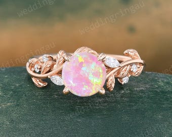 Round cut Pink Opal engagement ring Vintage Rose gold Leaf Marquise cut moissanite wedding ring Nature inspired Twig ring promise Gift