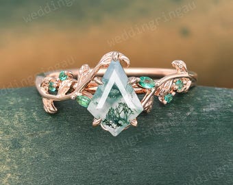 Kite cut Moss agate ring Unique Rose gold Leaf engagement ring Marquise cut Emerald ring Branch ring Nature inspired Twig ring Gift for her