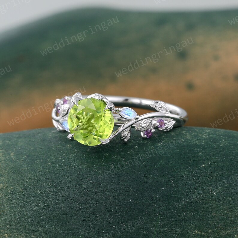 Round cut Peridot ring Unique White gold Natural Peridot engagement ring Twig leaf ring Marquise cut moonstone amethyst ring Promise ring image 3