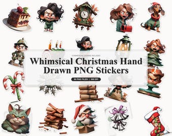 50 Whimsical Christmas Hand Drawn PNG Stickers | Cozy Holiday Planner and Craft Art