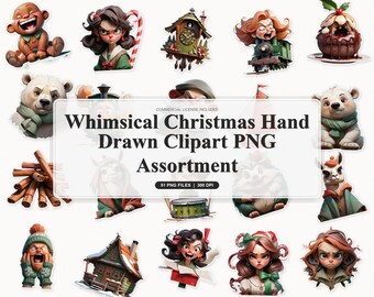 50 Whimsical Christmas Hand Drawn Clipart PNG Assortment | Cozy Holiday Crafting and Decor
