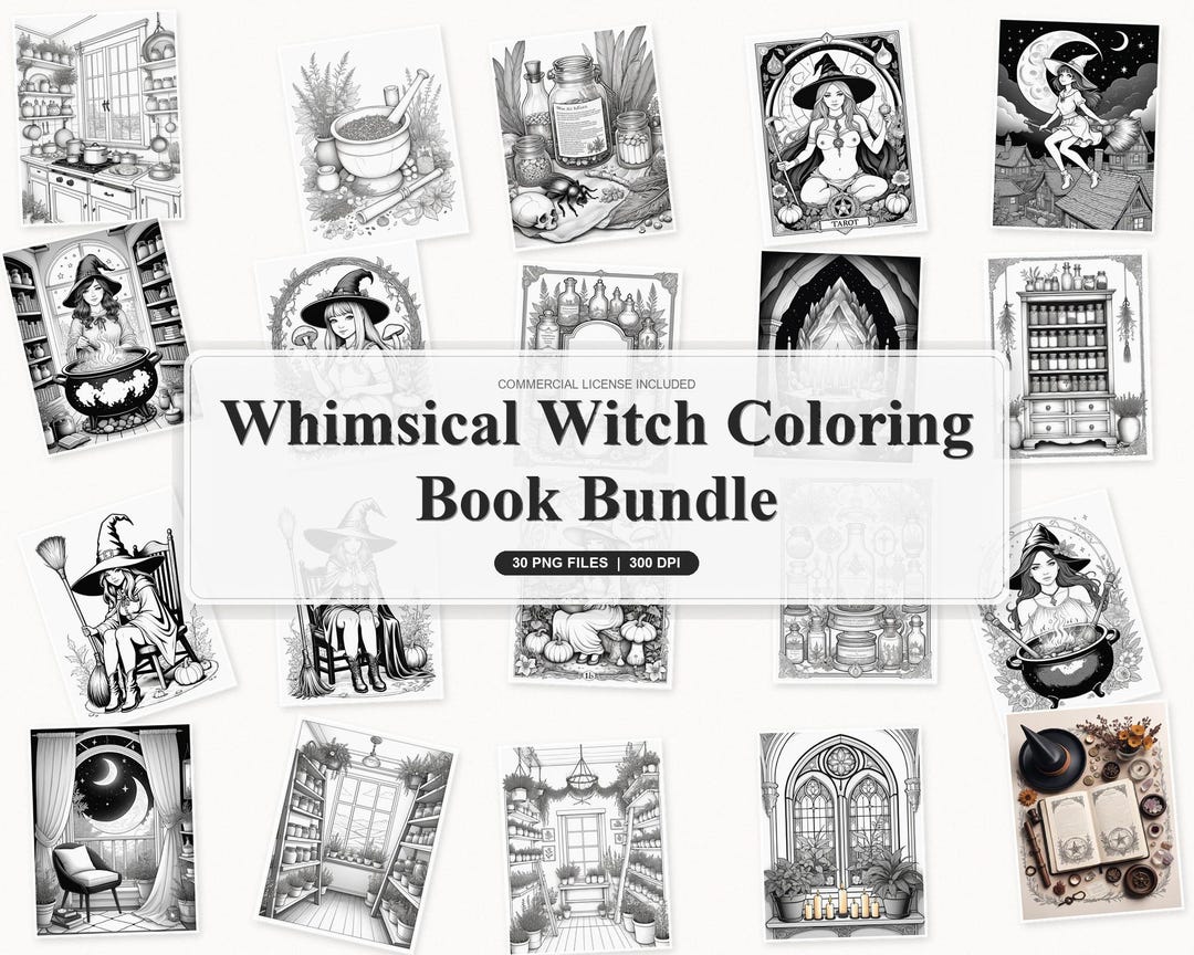 50 Whimsical Witch Coloring Book Bundle Magical Forest Art for
