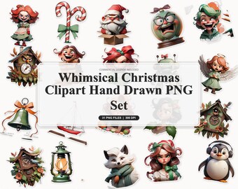 30 Whimsical Christmas Clipart Hand Drawn PNG Set | Cozy Holiday Card Making