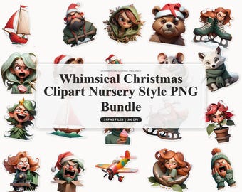 30 Whimsical Christmas Clipart Nursery Style PNG Bundle | Cozy Holiday Cards and Storybook Art