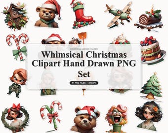 50 Whimsical Christmas Clipart Hand Drawn PNG Set | Cozy Nursery Decor and Holiday Crafts