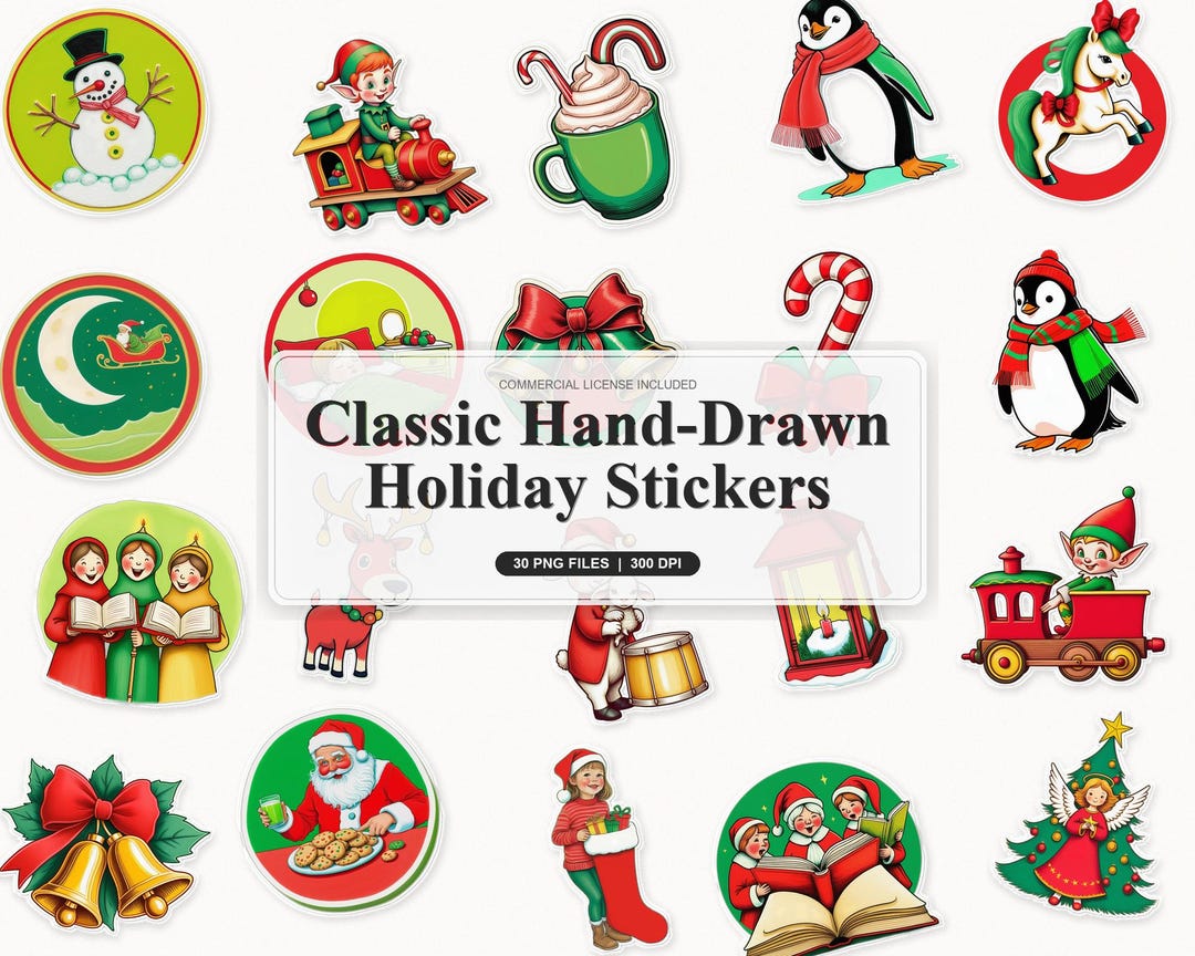 30 PNG Sticker Files Holiday Sticker Set: Hand-drawn Christmas Art ...