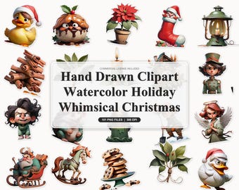 100 Watercolor Holiday Whimsical Christmas PNG Kit | Cozy Nursery and Festive Crafts | Clip Art