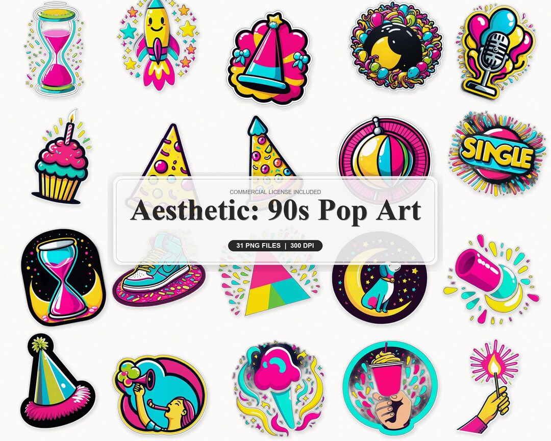 90s Pop Art PNG Bundle, Neon Confetti Doodles, Kid-core Style (30 Files ...