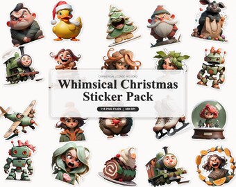 115 Whimsical Christmas Sticker Pack | Ink and Watercolor PNG Files for Crafts and Designs