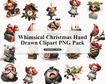 50 Whimsical Christmas Hand Drawn Clipart PNG Pack | Cozy Holiday Crafting Bundle