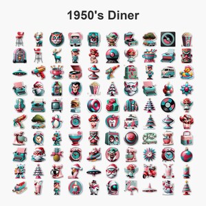 May include: A selection of vibrant stickers with a 1950s diner theme. The stickers showcase retro designs such as a jukebox, a vintage car, a record player, and a Christmas tree. The stickers are in shades of pink, teal, and red, with the text "1950's Diner".