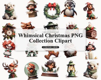 30 Whimsical Christmas PNG Collection Clipart | Sketchy Watercolor Holiday for Nursery Crafts