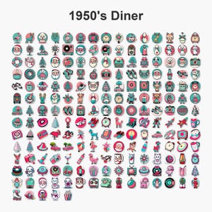 May include: A collection of colorful, circular stickers with a retro 1950s diner theme. The stickers feature various illustrations, including clocks, animals, Christmas trees, and robots. The text "1950's Diner" is at the top.