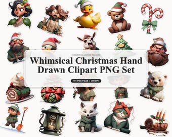 100 Whimsical Christmas Hand Drawn Clipart PNG Set | Cozy Holiday Nursery Art and Sublimation