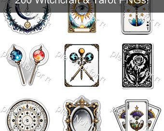200 Tarot and Divination PNG Clipart – Illustrated Cards, Crystal Balls, Runes & Witchy Bundle